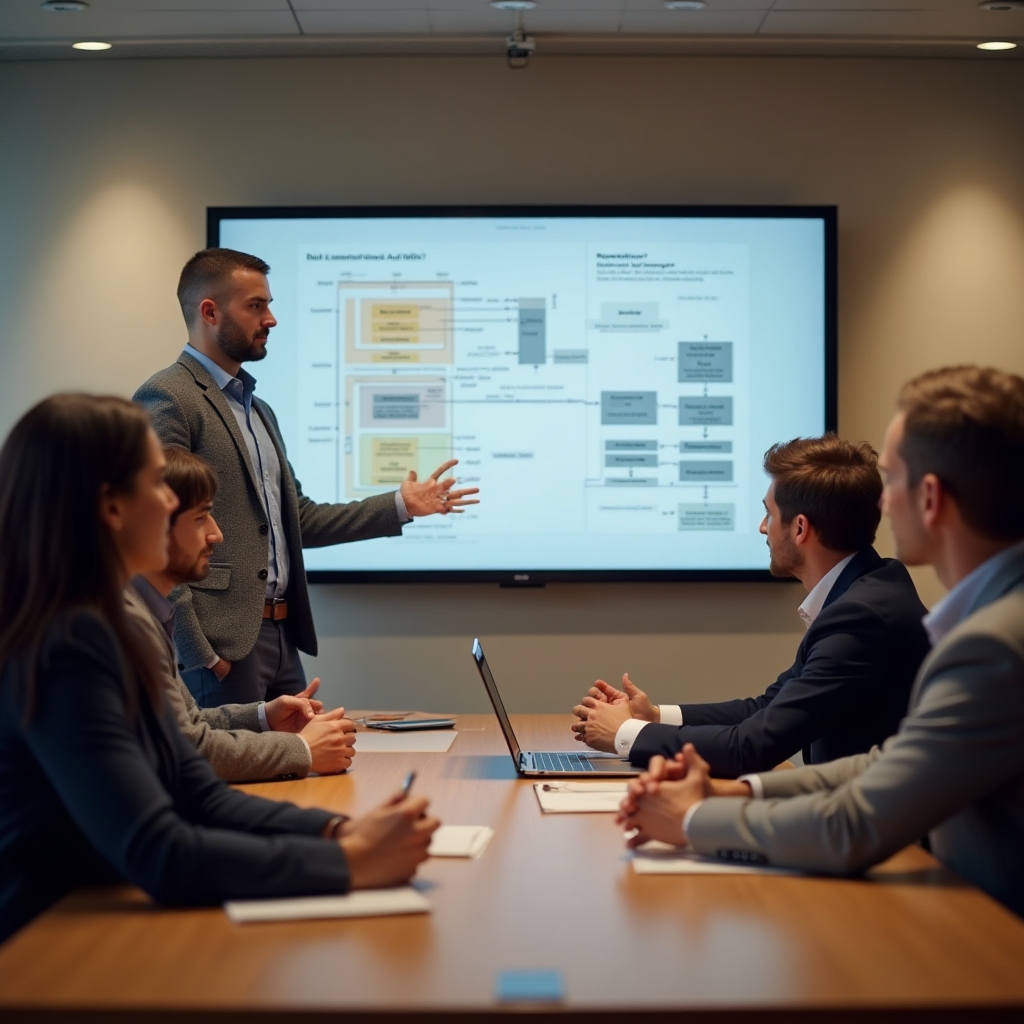 Analyst presenting audit findings on a screen to a small group of attentive stakeholders