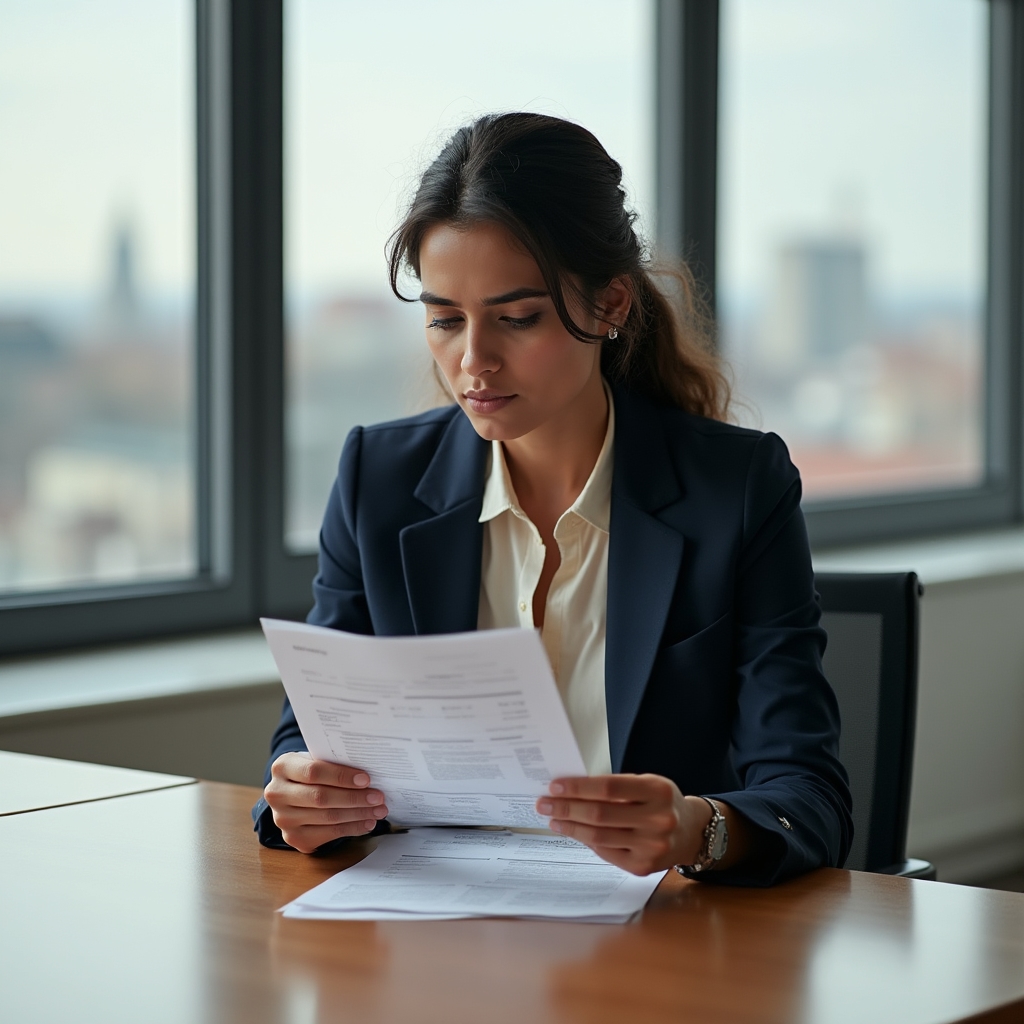 Analyst carefully reviewing printed data reports at a conference table