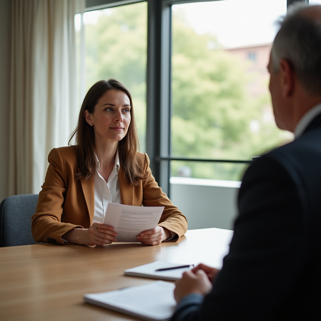 Consultant conducting a structured interview with a senior manager in a quiet meeting room with natural light