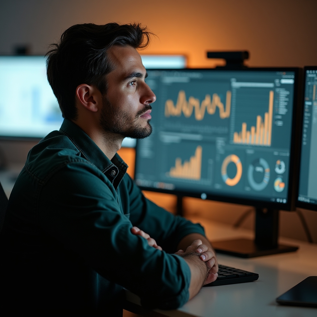 Professional reviewing multiple data dashboards on dual monitors in a modern office environment