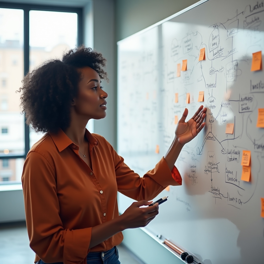 Consultant mapping data sources on a large whiteboard with sticky notes and flow diagrams