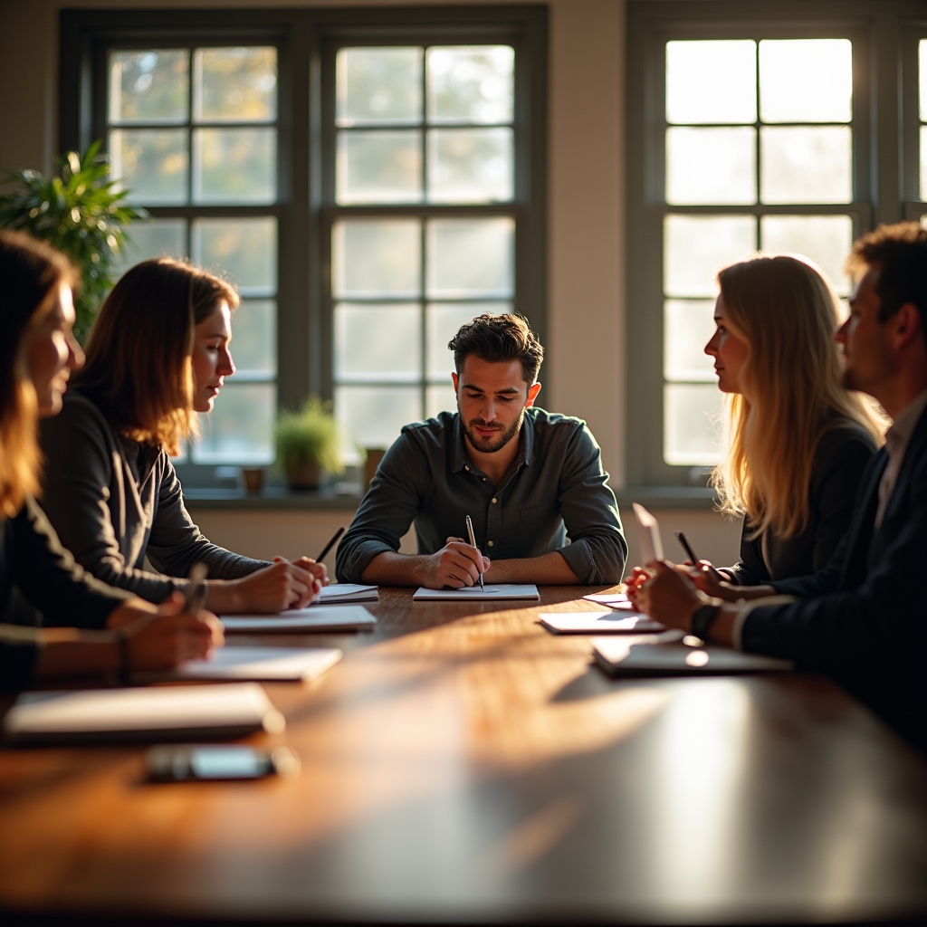 Two consultants conducting a discovery session with a client team around a conference table