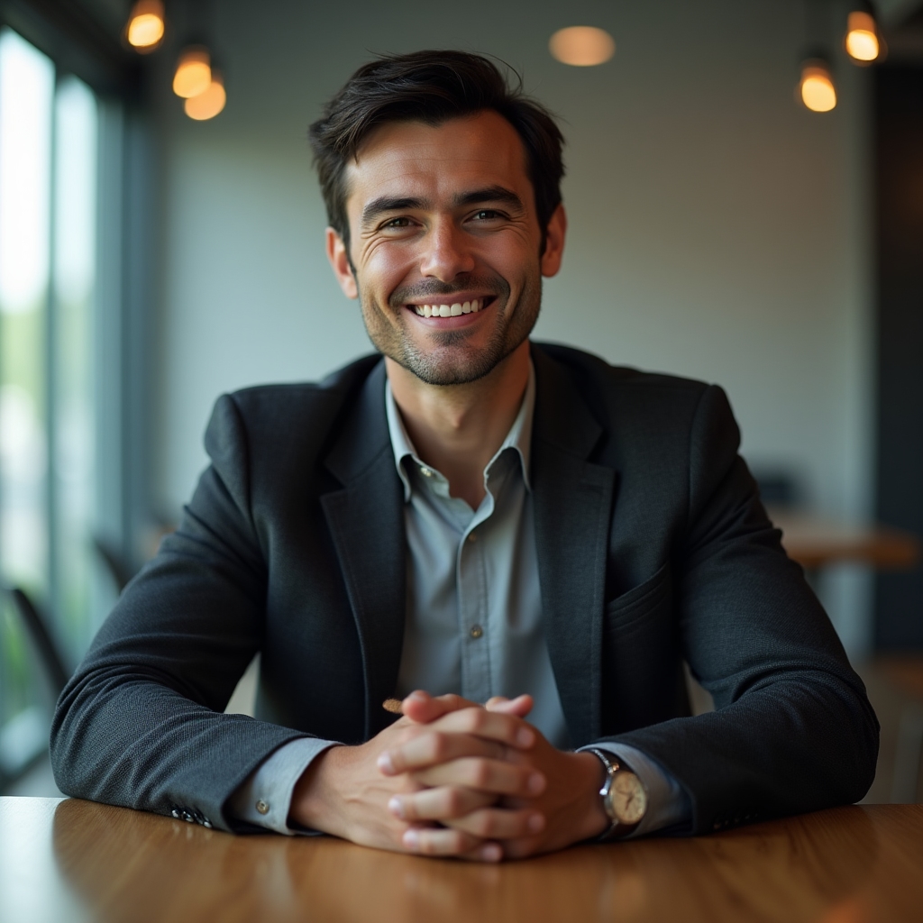 Lead consultant seated at a conference table with a warm, focused expression and smart casual attire