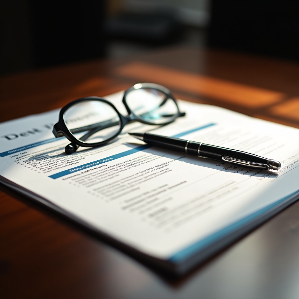 Open audit report document on a polished table with a pen and reading glasses beside it