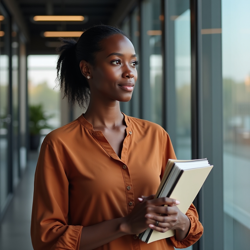 Research analyst standing by a window in natural light, holding a notebook, thoughtful and engaged expression