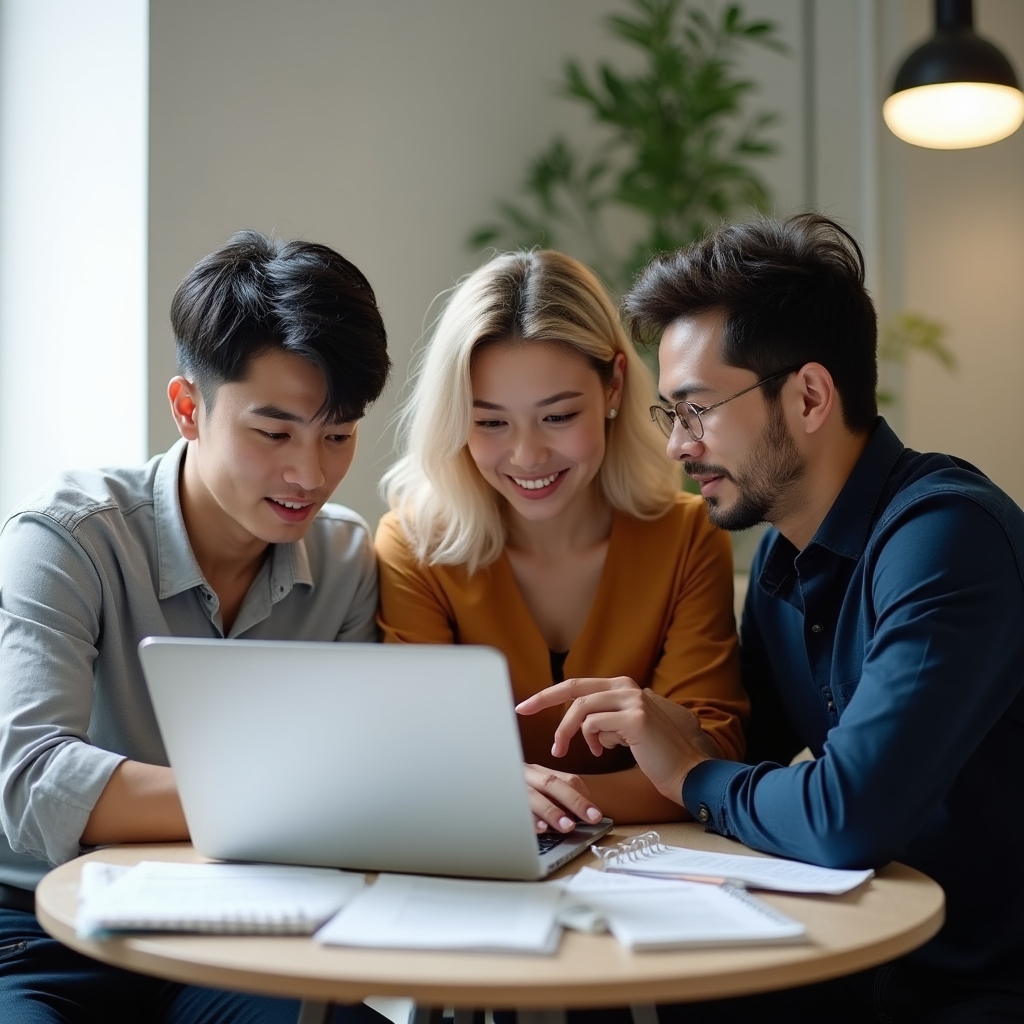 Small team collaborating around a table with laptops and printed reports in a bright conference room