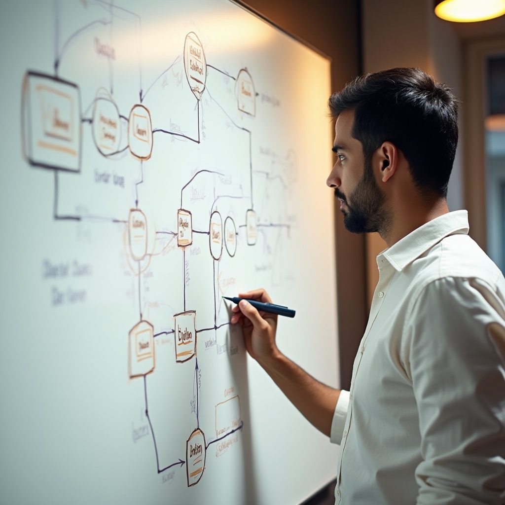 Consultant drawing data flow diagram on a whiteboard with coloured markers, photographed from a medium distance
